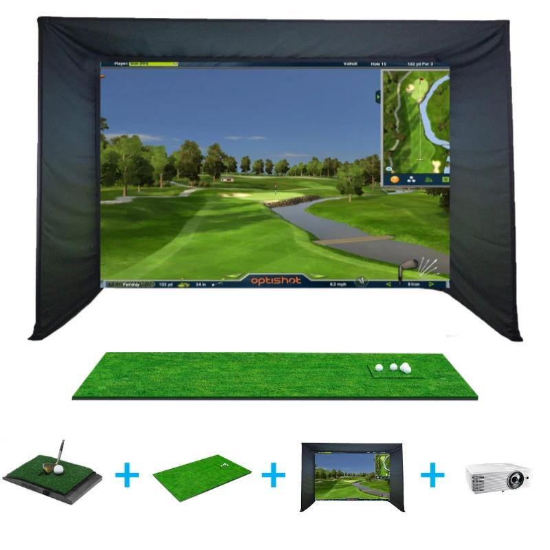OptiShot Golf-in-a-Box 4 simulator package with enclosure, screen, and hitting mat